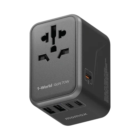 Momax 1-World UA8AU 70W fast charger travel adapter with USB Type C and multiple international plugs