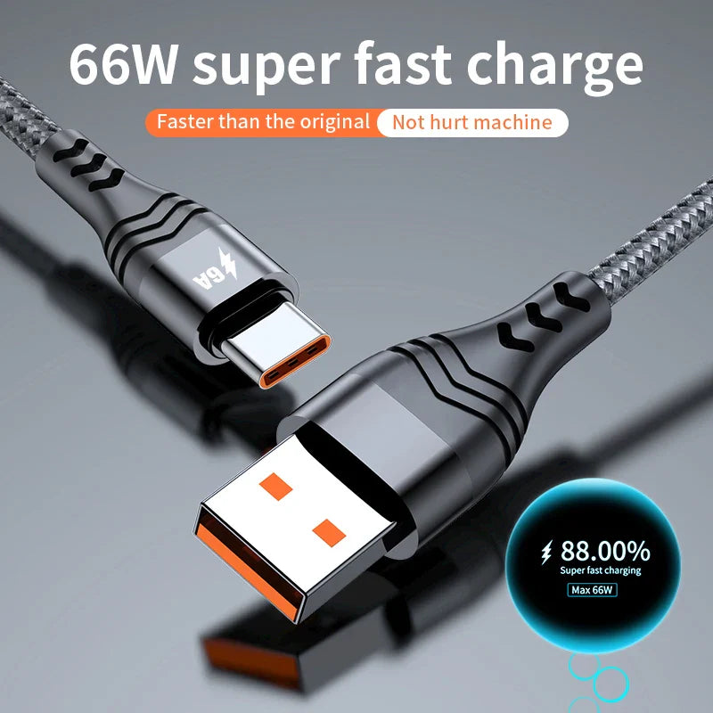 66W USB Type-C Data Cable 6A Super Fast Charging Cable Suitable for iphone 15 Huawei Oppo Xiaomi Vivo Braided Charging Cable