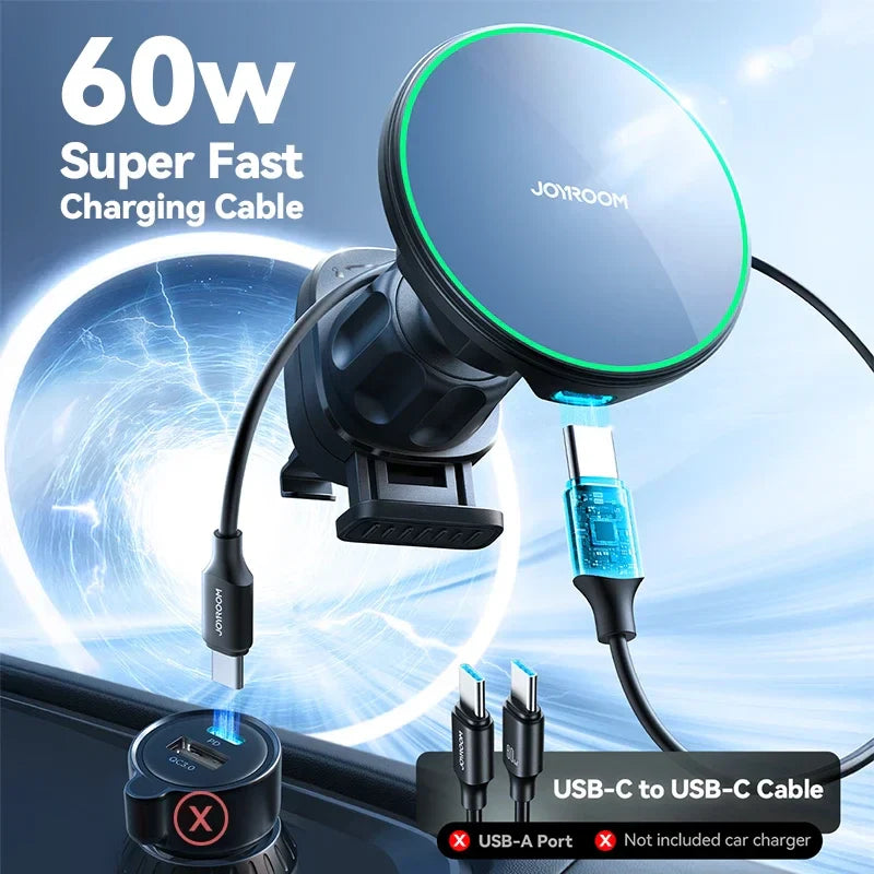 Joyroom Qi2 Magnetic Car Phone Holder with 60W super fast charging cable and USB-C to USB-C connection.