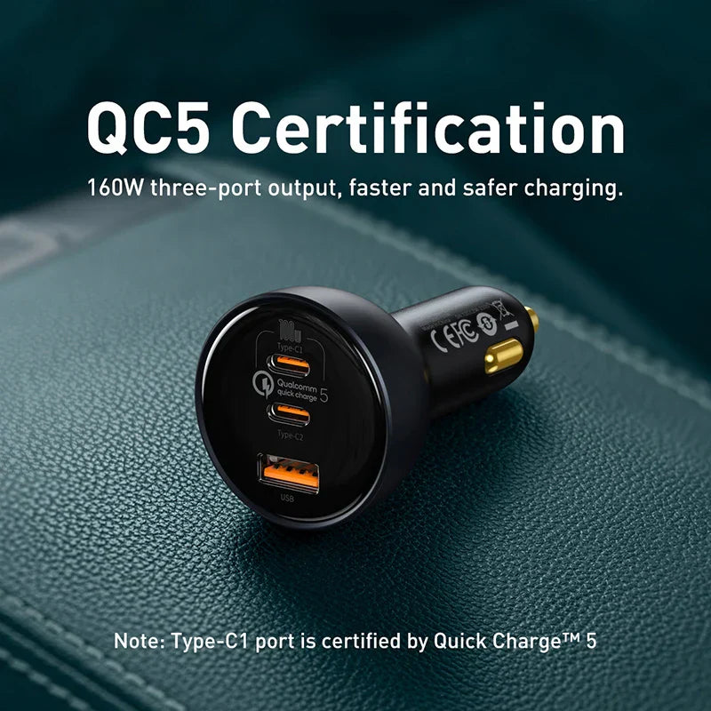 Baseus 160W car charger with QC 5.0 quick charge, dual USB Type-C and USB ports, three-port fast charging for iPhone, laptops, and tablets.