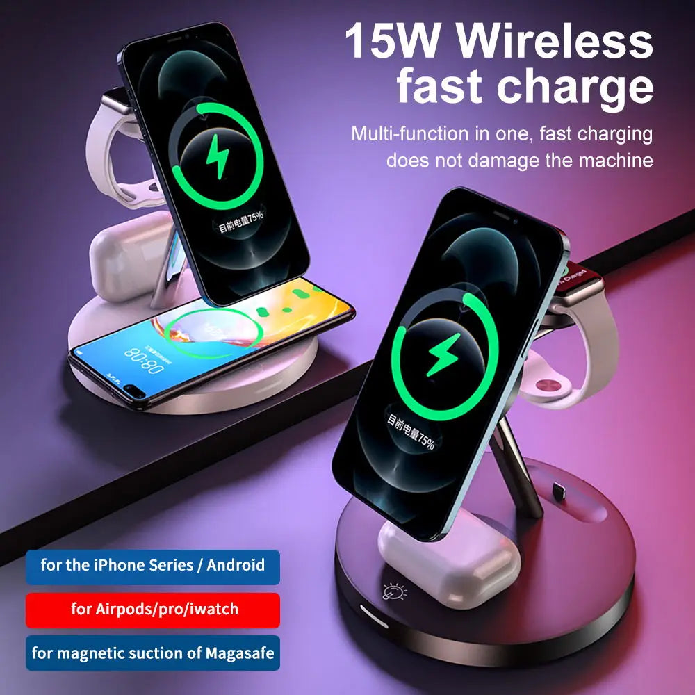 4 in 1Wireless charger for iphone 16 15 pro max magnetic phone charger holder for iwatch airpods pro 2 3 4 with LED Night Light