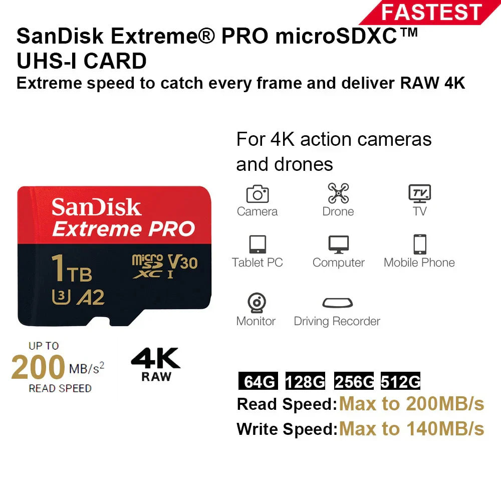 SanDisk V30 Micro SD Extreme PRO 1TB memory card with 200MB/s read speed for 4K UHD cameras and drones