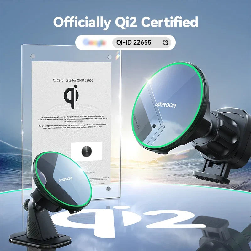 Joyroom Qi2 Magnetic Car Phone Holder with Qi2 certification document and holder in black color.