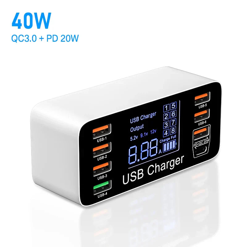 ASOMETECH 60W Quick Charge USB charger adapter with 8 ports and LCD display