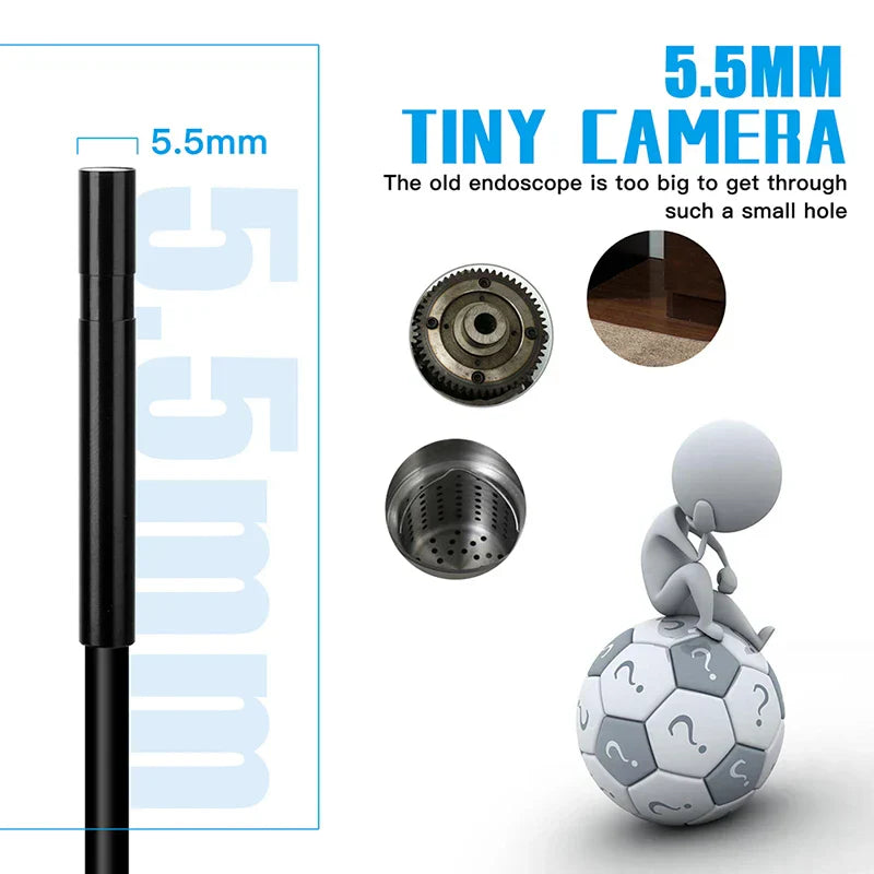 Wireless endoscope with 5.5mm tiny camera for automotive inspection, IP67 waterproof, flexible semi-rigid cable, WiFi connectivity for Android and iOS devices