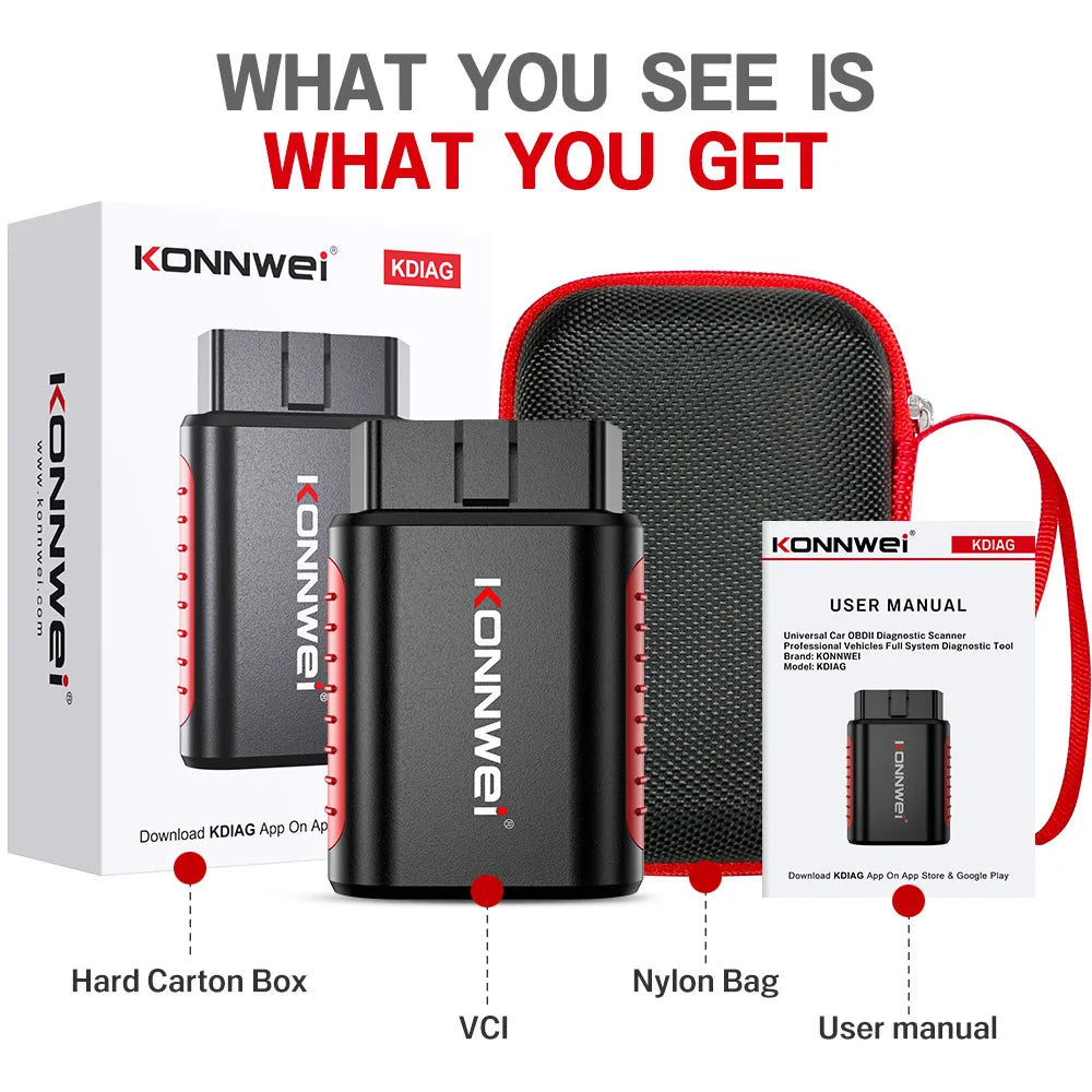 KONNWEI KDIAG Bluetooth OBD2 car diagnostic tool with full system scan, oil reset, battery match, and lifetime free updates, includes VCI, nylon bag, and user manual.