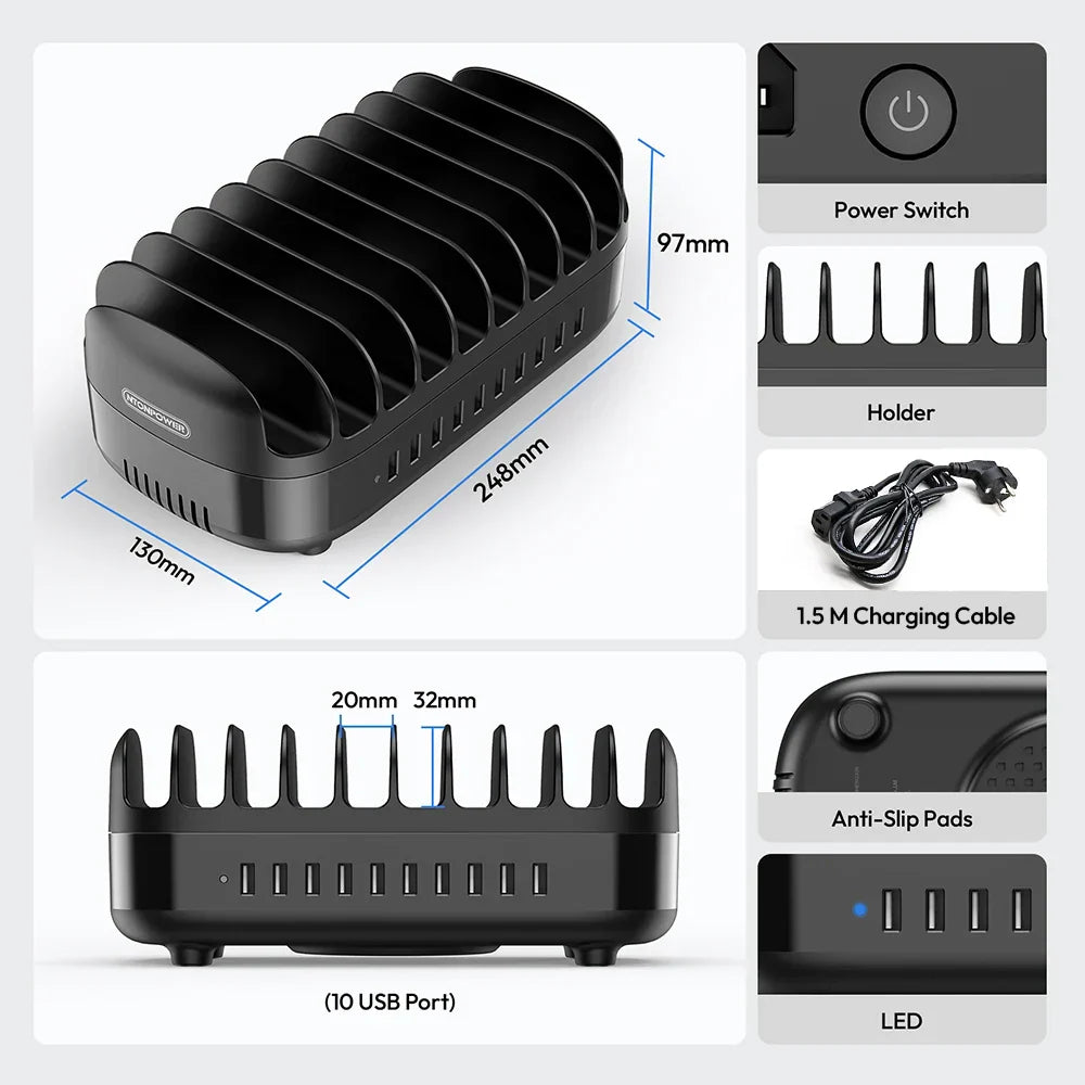120W fast charging station USB-C hub with 10 USB ports, cooling fan, EU plug, and 1.5m cable for office and family device organization