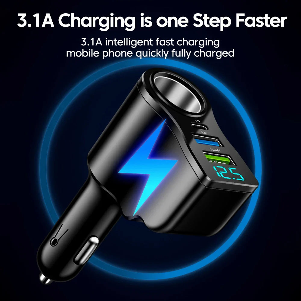 66W Fast Car Charger USB Type-C with 3.1A intelligent fast charging, delivers rapid power to mobile devices for quicker full charge.