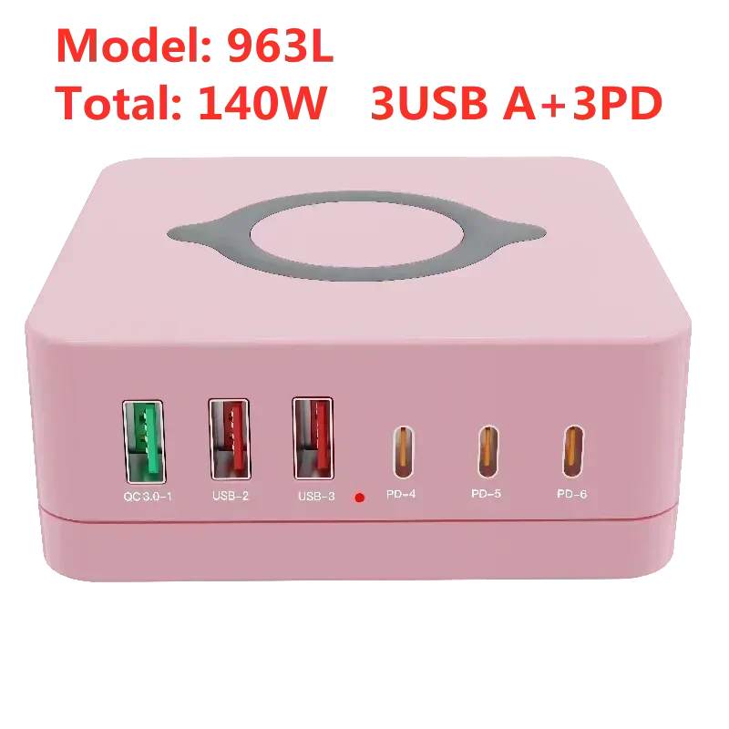 160W multi ports USB GaN charger station with wireless charging and digital display pink compact design