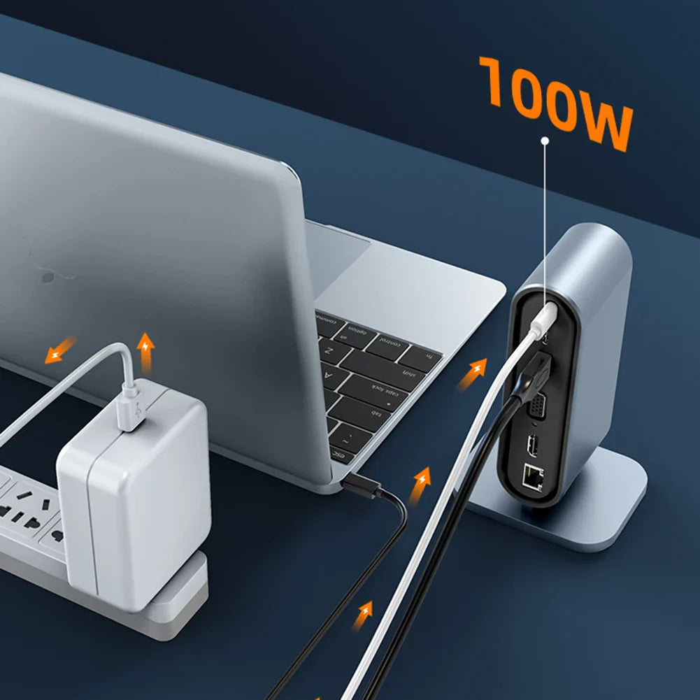 USB C Docking Station with 100W Power Delivery, HDMI 4K, VGA, RJ45, USB 3.0 hubs for MacBook