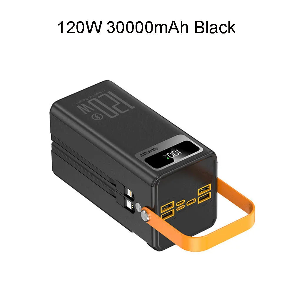 120W 30000mAh portable power bank with digital display and orange handle in black color