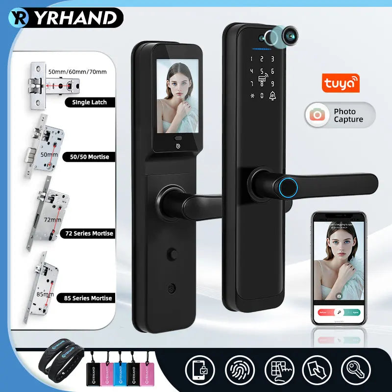 Tuya Wifi Smart Door Lock Electronic Digital Lock with Biometric Fingerprint Camera Smart Card Password Key Unlock Feature