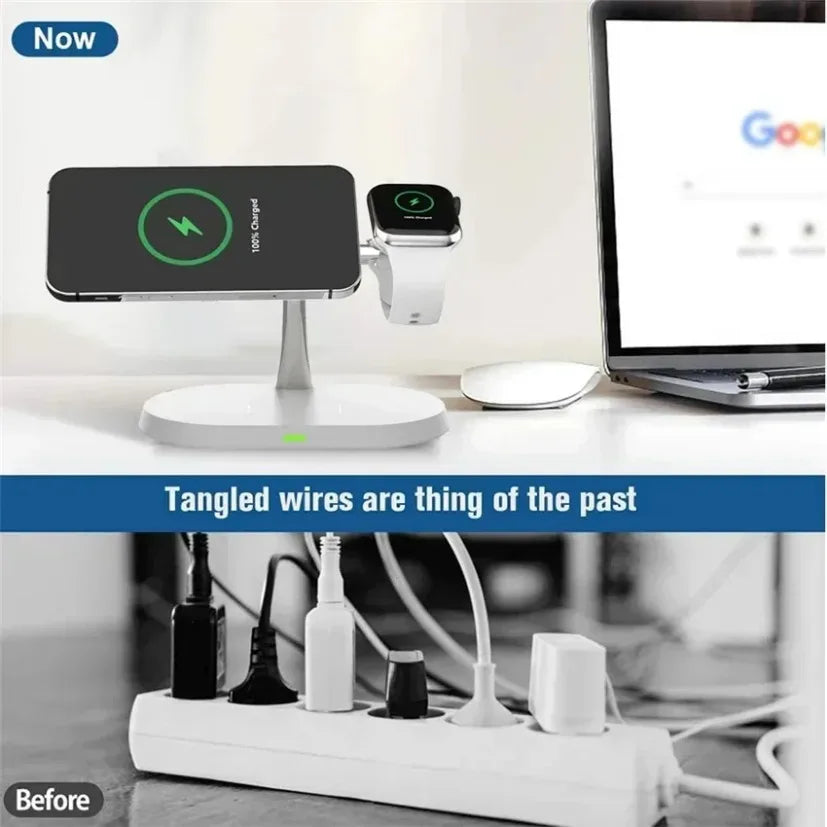 3-in-1 magnetic wireless charger stand for iPhone, iWatch, and AirPods fast charging