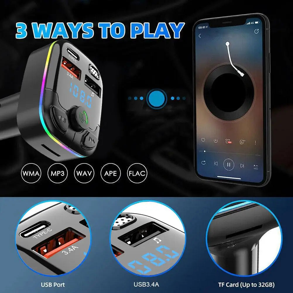 Bluetooth 5.0 Car FM Transmitter with USB & Type-C Charger supports MP3, WAV, FLAC via USB, Bluetooth, and TF card for versatile audio playback.