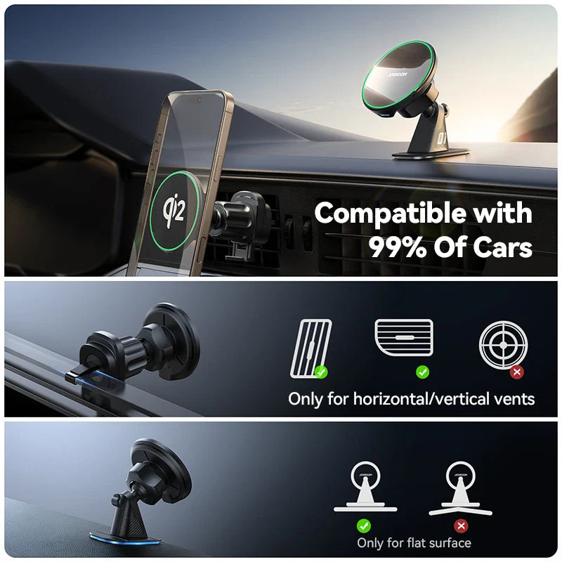 Joyroom Qi2 Magnetic Car Phone Holder showcasing compatibility and installation options for car vents and flat surfaces.