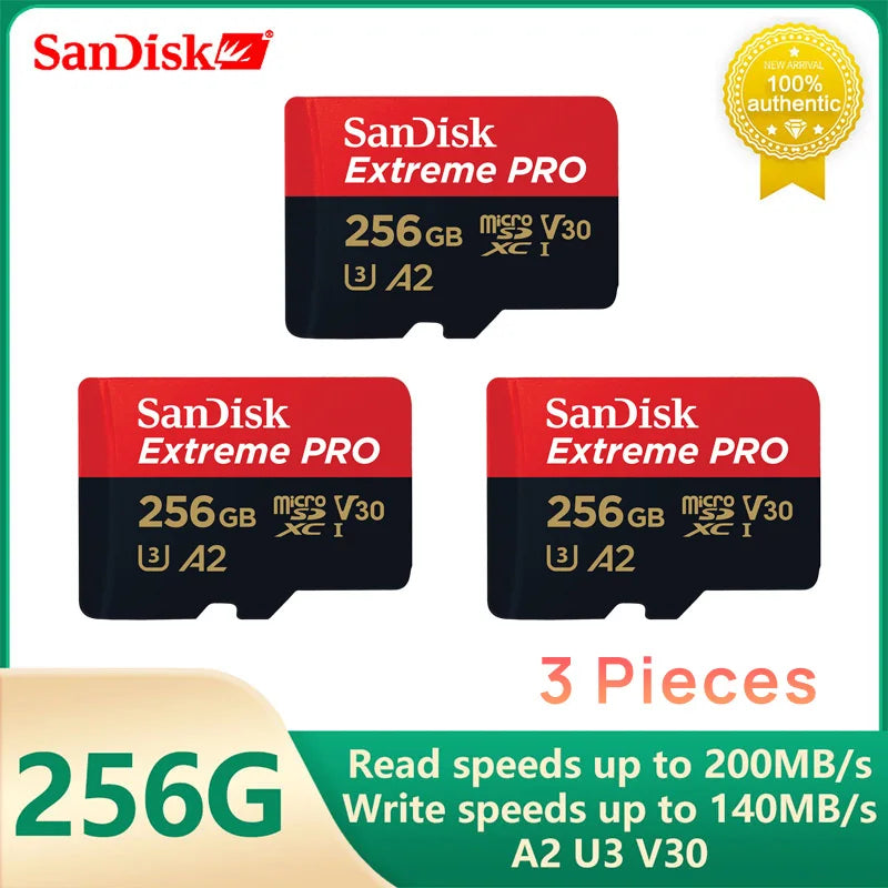 SanDisk V30 Micro SD Extreme PRO 256GB memory cards with 200MB/s read speed and A2 U3 V30 performance for 4K video and app performance, 3 pieces.