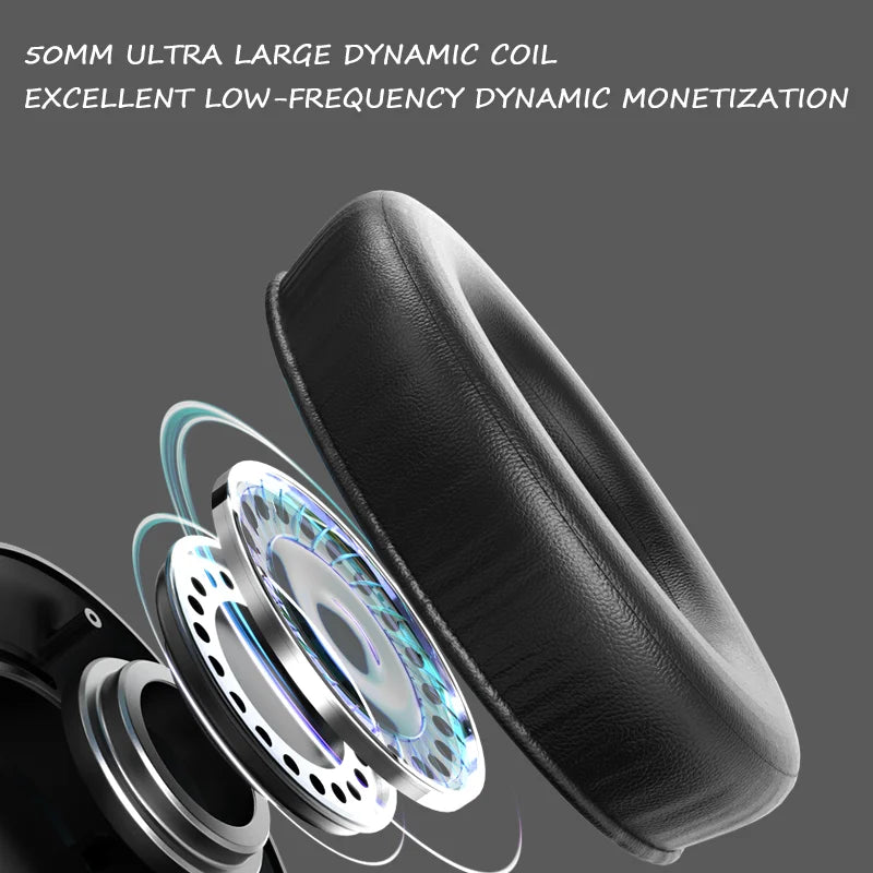 Close-up of LDON L839 Bluetooth 5.3 earphones dynamic 50mm driver coil with black leather ear cushion, highlighting sound quality and low-frequency performance.