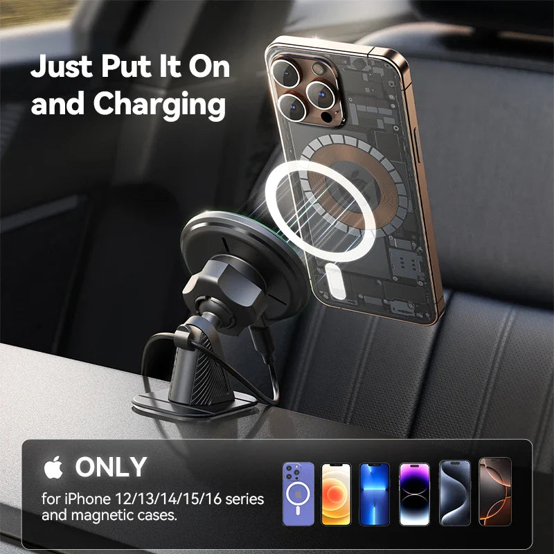 Joyroom Qi2 Magnetic Car Phone Holder - Ultimate Convenience with strong magnetic grip for iPhone 12 to 16 series. Easy dashboard mount installation.