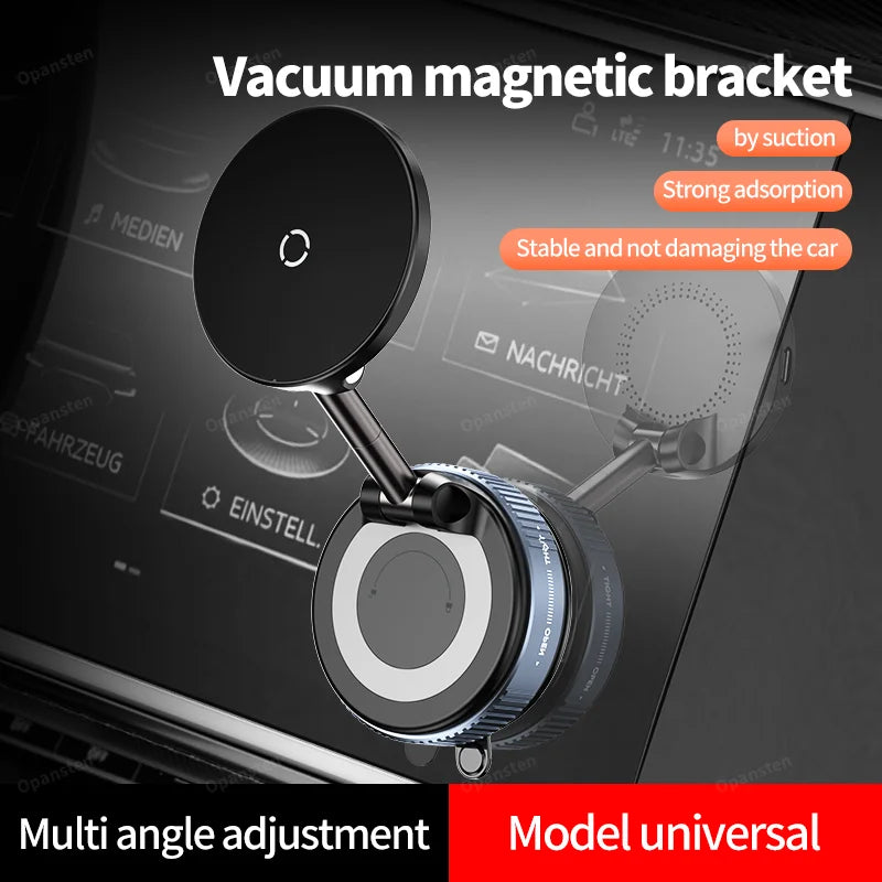 Vacuum magnetic car phone holder with strong suction and multi-angle adjustment. Compatible with iPhone 12-16 for stable wireless charging.