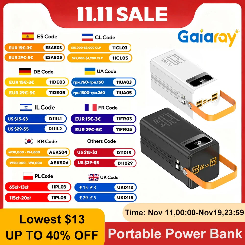 Black and white 30000mAh 60000mAh portable power banks with 120W fast charging and LED display by GaiaRay