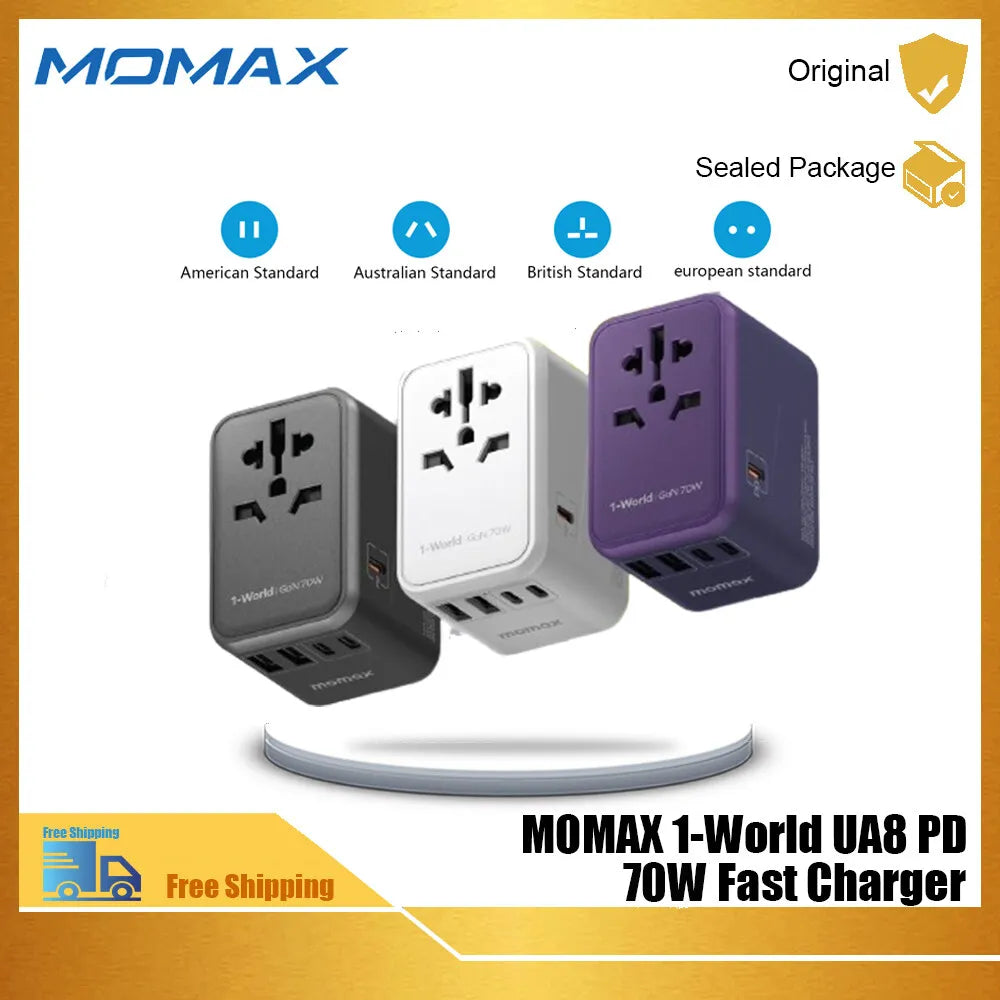 Momax 1-World UA8AU 70W USB PD fast charger travel adapter with US, UK, EU, AU plugs in black, white, and purple colors.