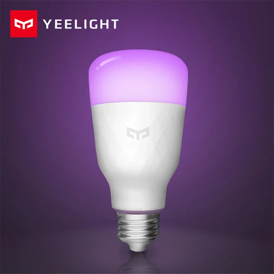 Yeelight Smart LED Bulb 1S 1SE glowing in purple hue with WiFi control and 16 million color options for customizable smart lighting.