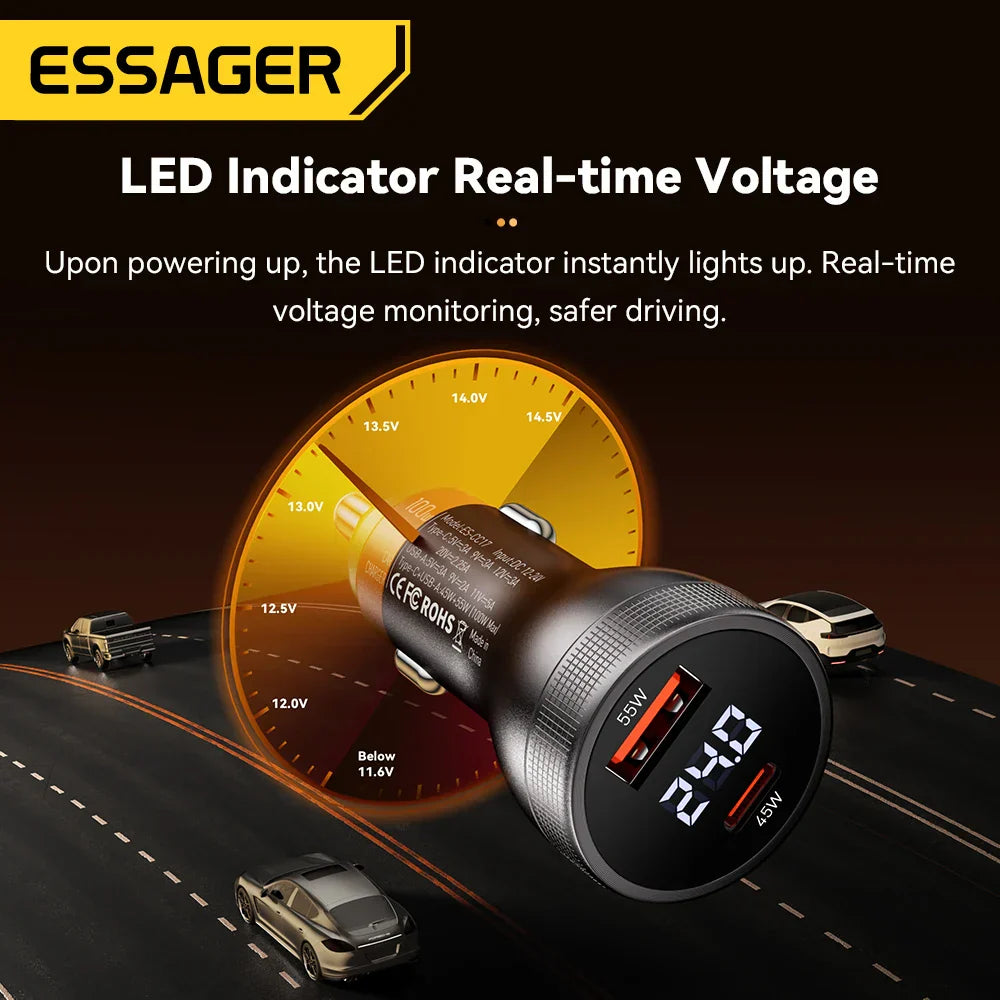 Essager 100W USB C car charger with LED voltage display and fast charging for iPhone and laptops