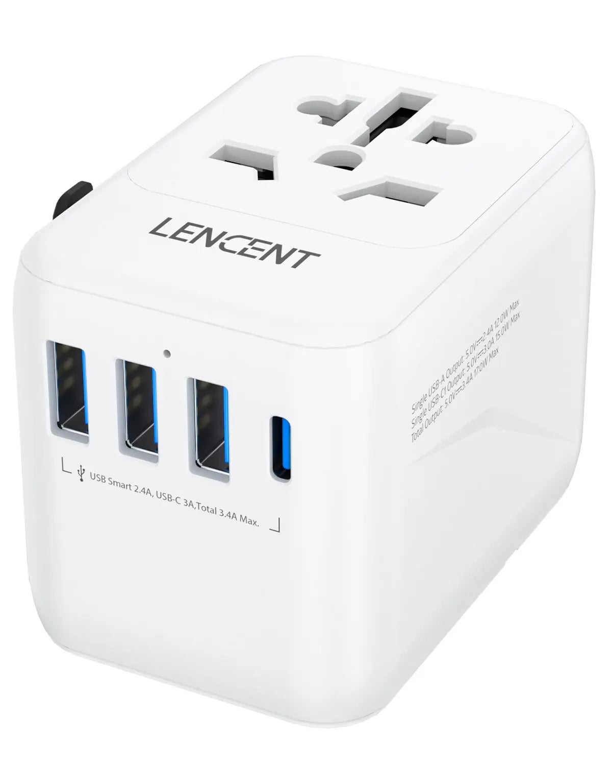 LENCENT universal travel adapter with 3 USB ports and 1 USB-C PD charging port, white compact all-in-one plug adapter for EU/UK/USA/AUS travel