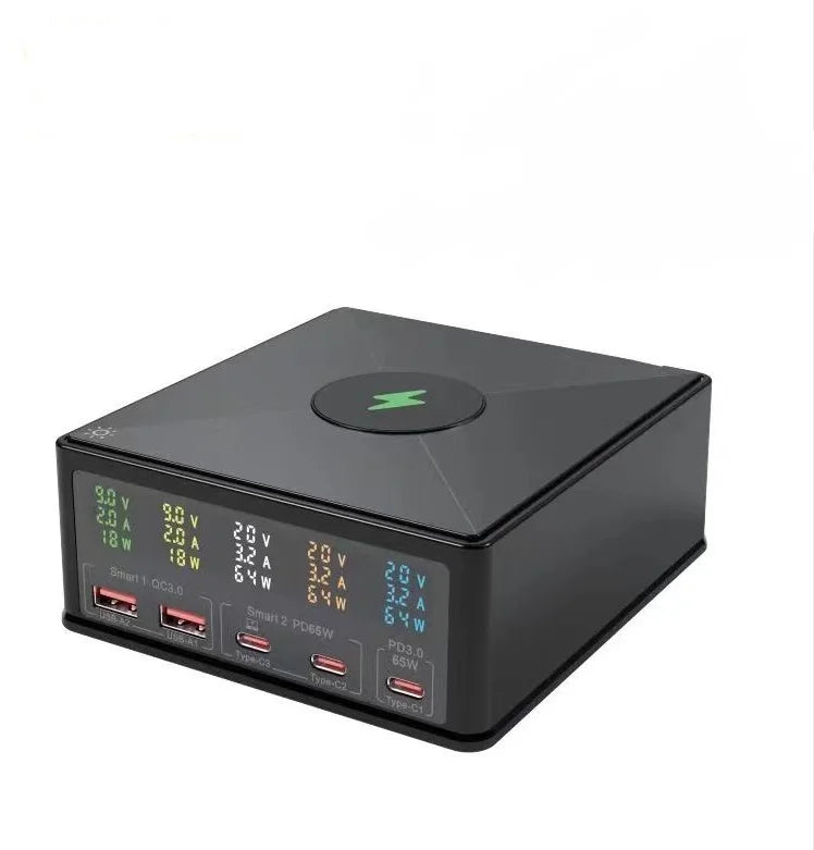 160W 6-Port USB Charger Station With Wireless Charging Digital Display Screen QC3.0 Quick Charge For iPhone 15 Pro Max 14 Xiaomi