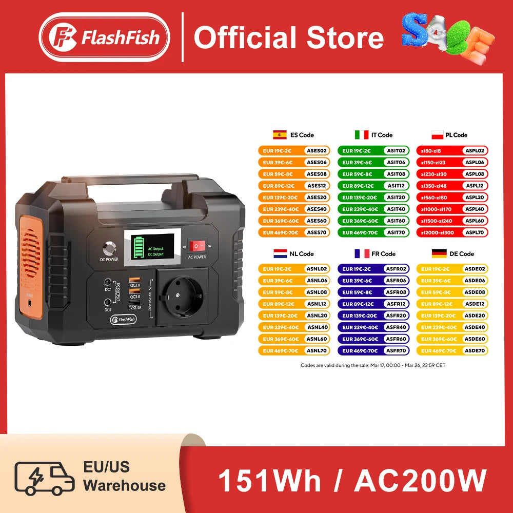 FF Flashfish E200 Portable Power Station 200W Solar Generator 151WH Battery AC DC Outdoor Camera Drone Power Supply Solar Charge
