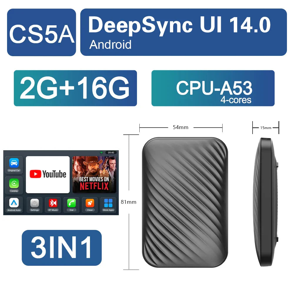 BYLITU Android Ai Box wireless CarPlay and Android Auto adapter with DeepSync UI 14.0, 2GB RAM and 16GB storage, 4-core CPU, compact black design for universal car multimedia systems