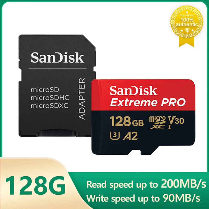 SanDisk V30 Micro SD Extreme PRO 128GB memory card with adapter, 200MB/s read speed, UHS-I U3, A2 performance, 4K video support