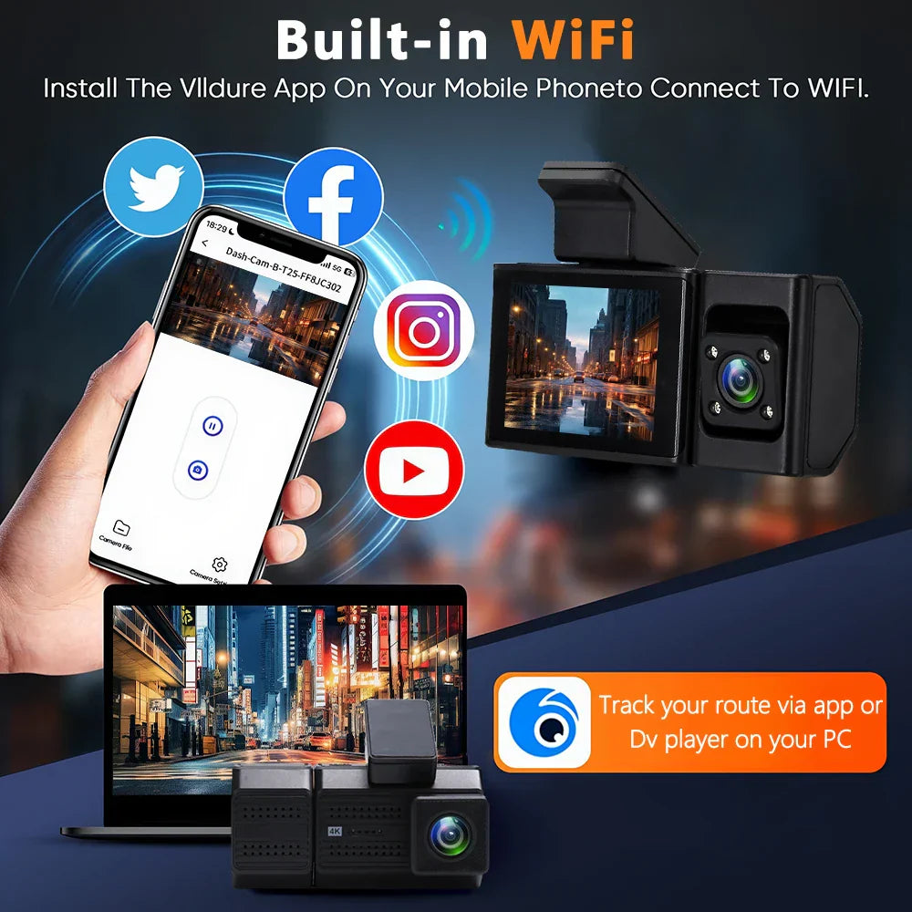 3 Channel Dash Cam with 2.4 Inch 4K display, WiFi app control, 24H parking monitor and rear view camera for cars DVR