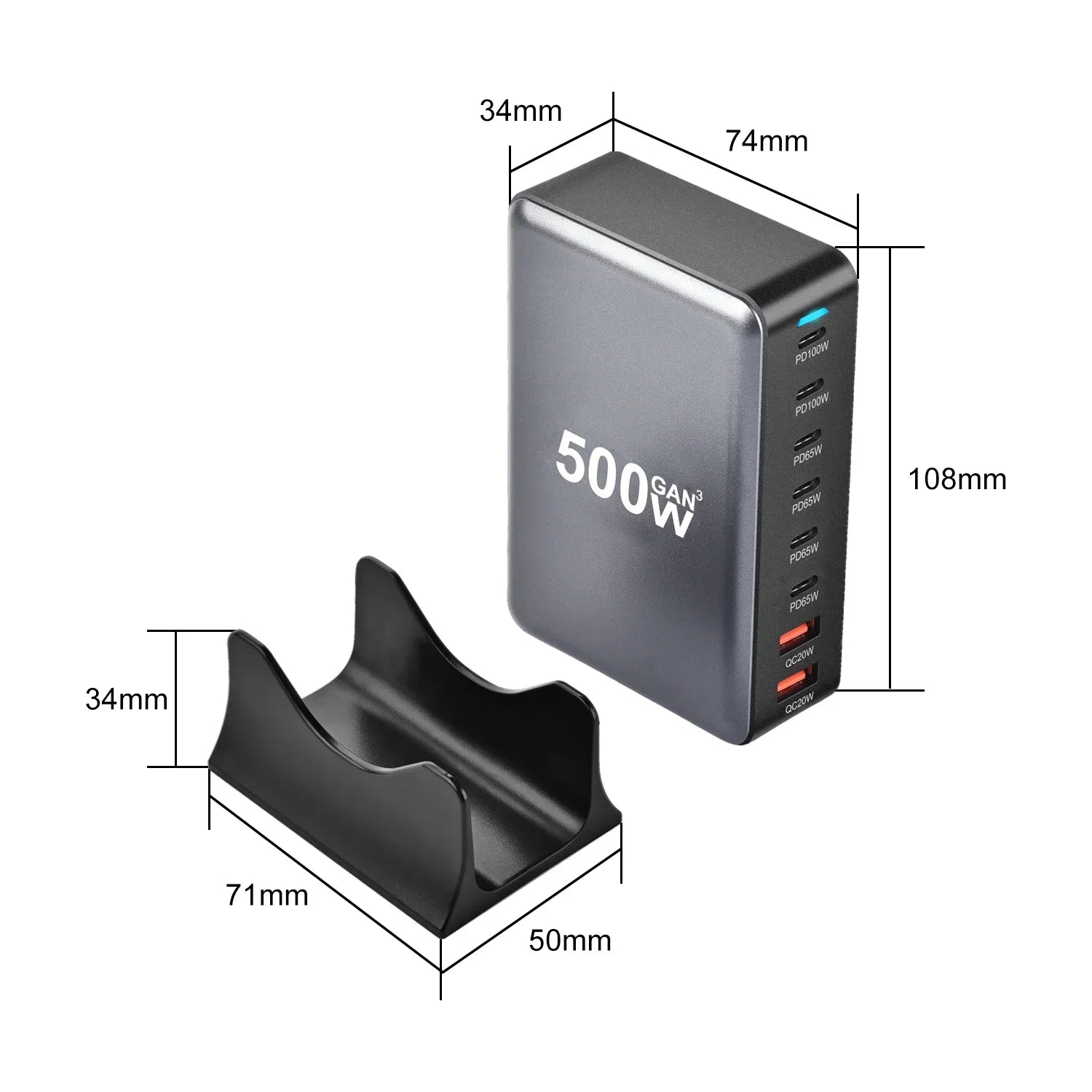 Multi Charging PD Charger 500W GaN 8-port desktop fast charger with USB and Type-C outputs and stand