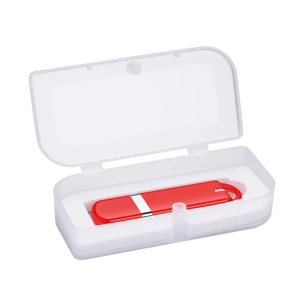 Red JASTER 64GB USB Flash Drive in a clear protective case, ideal for corporate gifts with USB 2.0 support.
