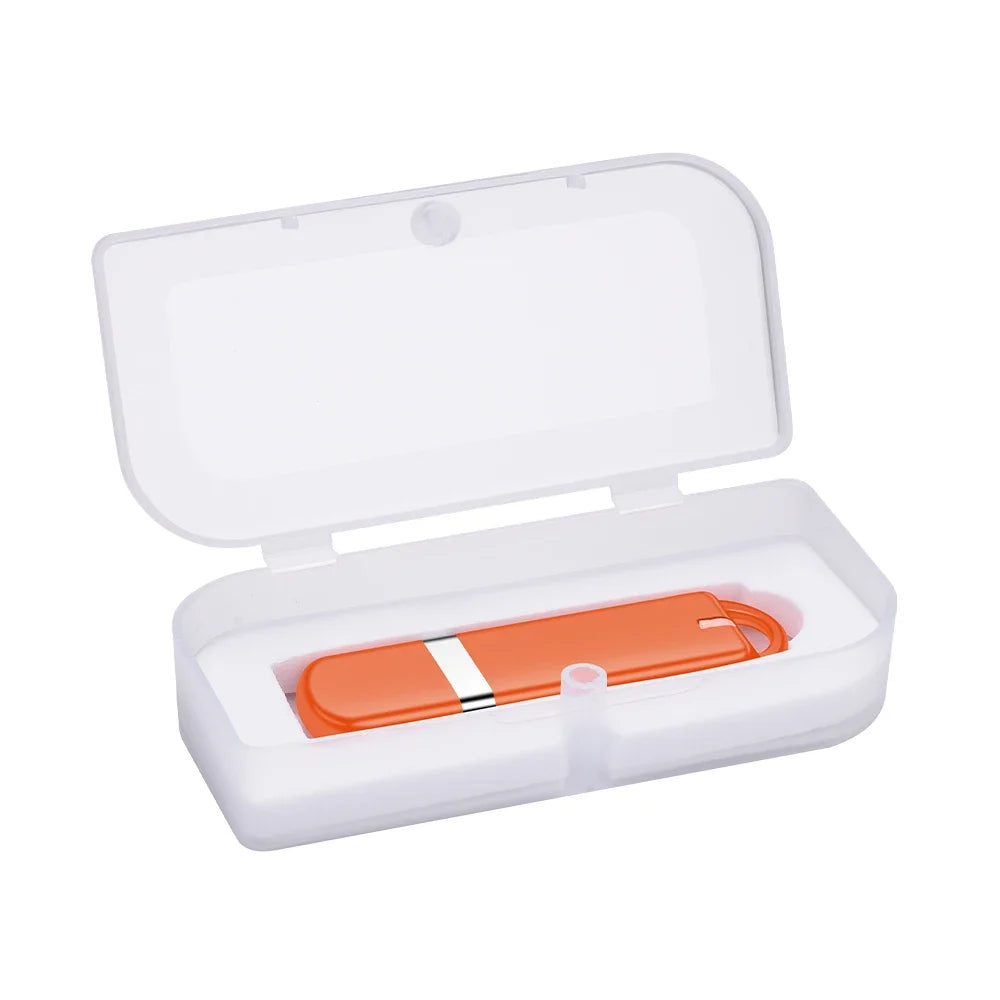 Orange JASTER 64GB USB Flash Drive in a transparent gift box, perfect for professional business gifting and storage.