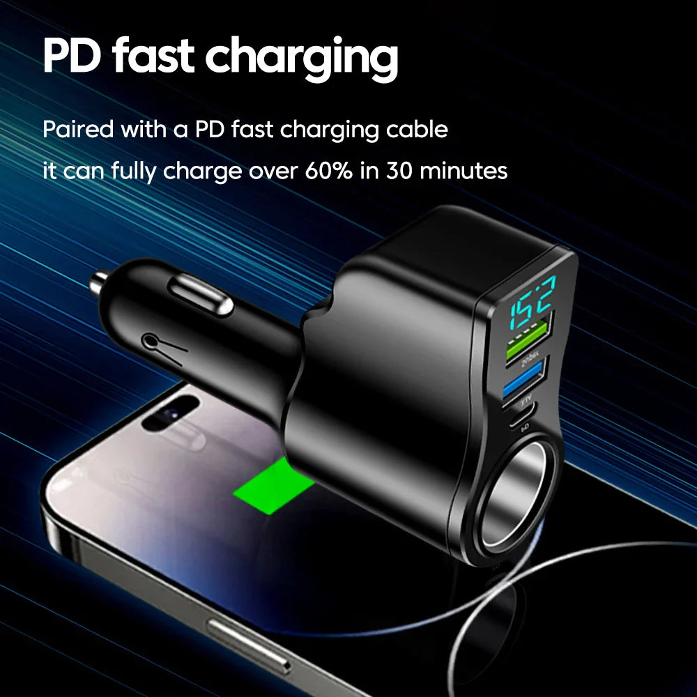66W Fast Car Charger USB Type-C with PD fast charging, charges over 60% in 30 minutes using compatible cable, ideal for smartphones.