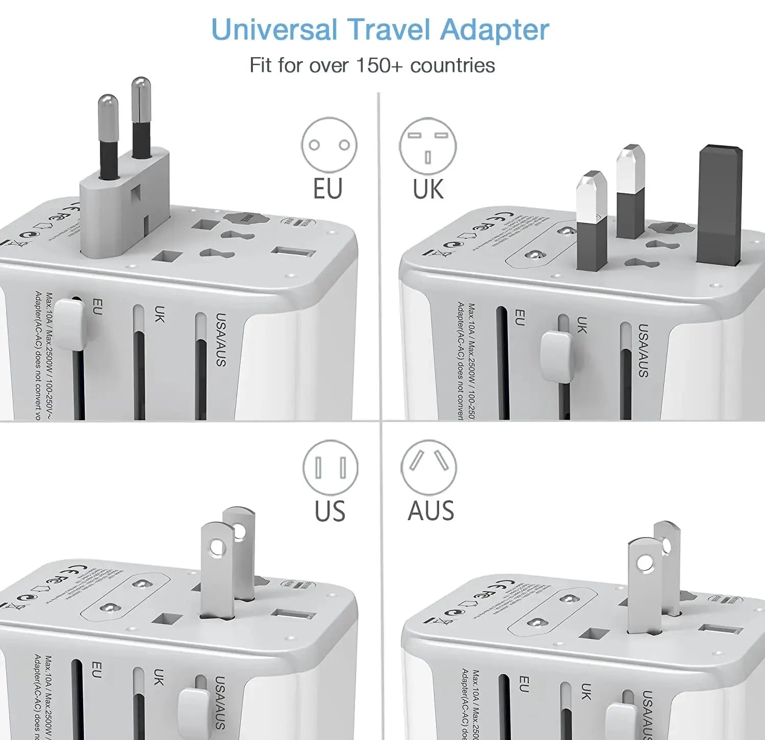 TESSAN Universal Travel Adapter with EU UK US AUS plugs, USB and Type C ports for worldwide use