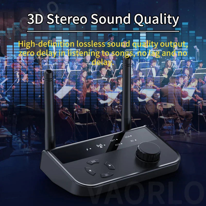 3D Stereo Bluetooth 5.3 audio receiver with dual antennas and multiple digital and analog outputs for car and home speakers
