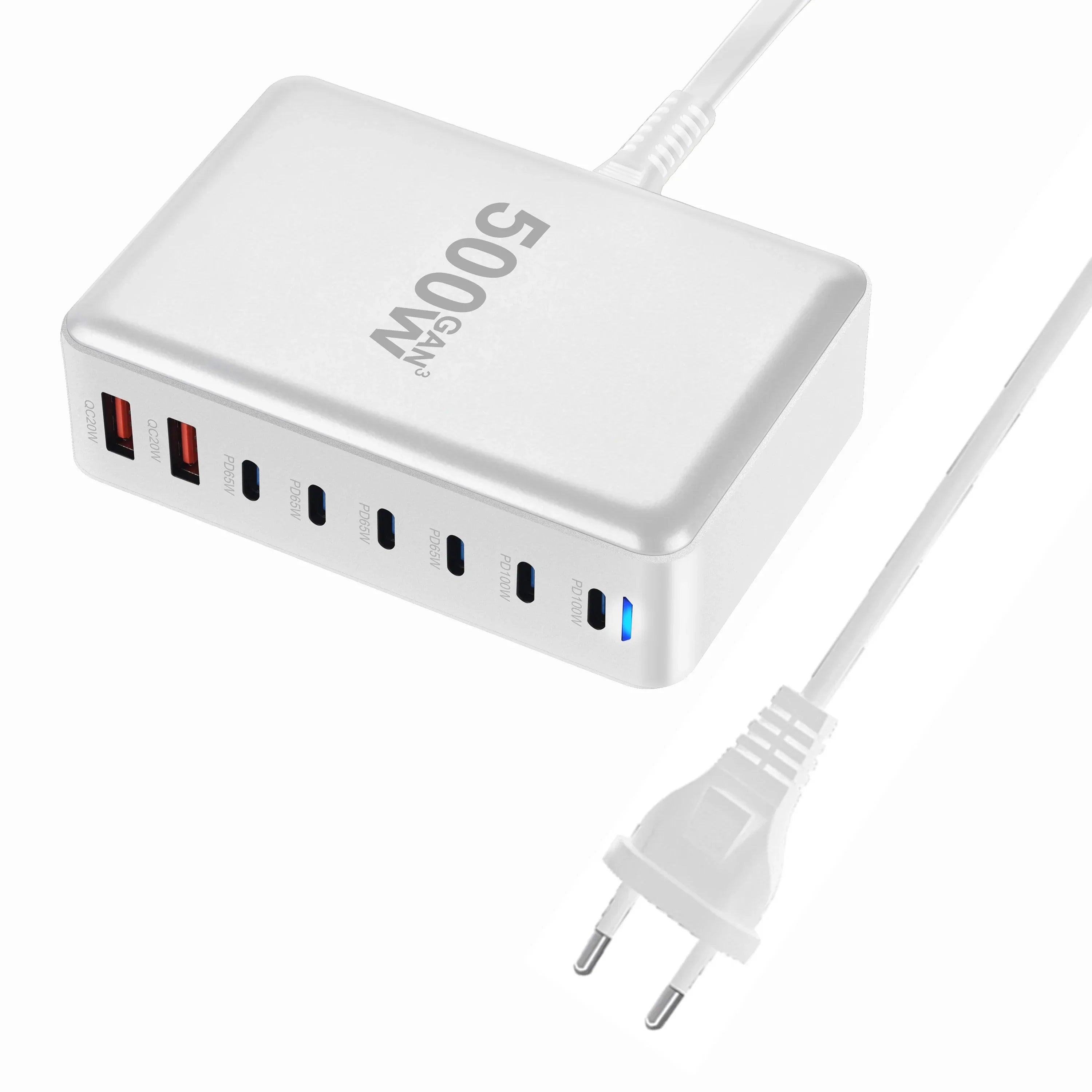 500W Multi Charging PD Charger with 8 ports including USB and Type-C for fast desktop charging