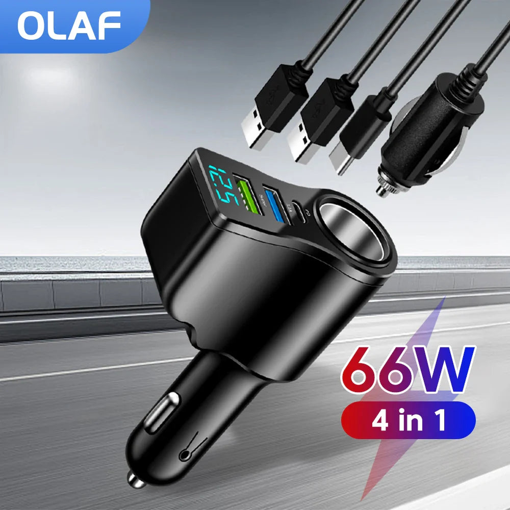 Dual USB Type-C Car Charger - 66W Fast Charging with 4-in-1 design, Qualcomm QC support, and RoHS certified for efficient in-car charging.