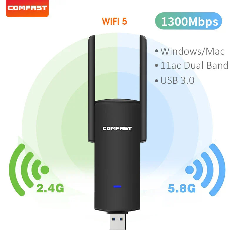 Comfast BE6500 USB 3.0 WiFi 5 dual-band adapter with 1300Mbps speed for Windows and Mac
