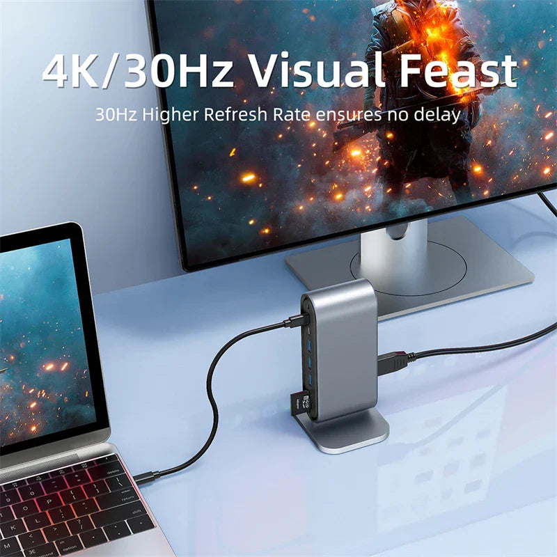 USB C 3.0 HUB docking station with 4K 30Hz HDMI, VGA, RJ45 Ethernet, multiple USB ports, and power delivery adapter connected to laptop and monitor.