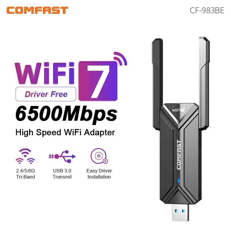 COMFAST WiFi 7 USB Adapter CF-983BE tri-band 6500Mbps wireless network card with dual antennas and USB 3.0 interface