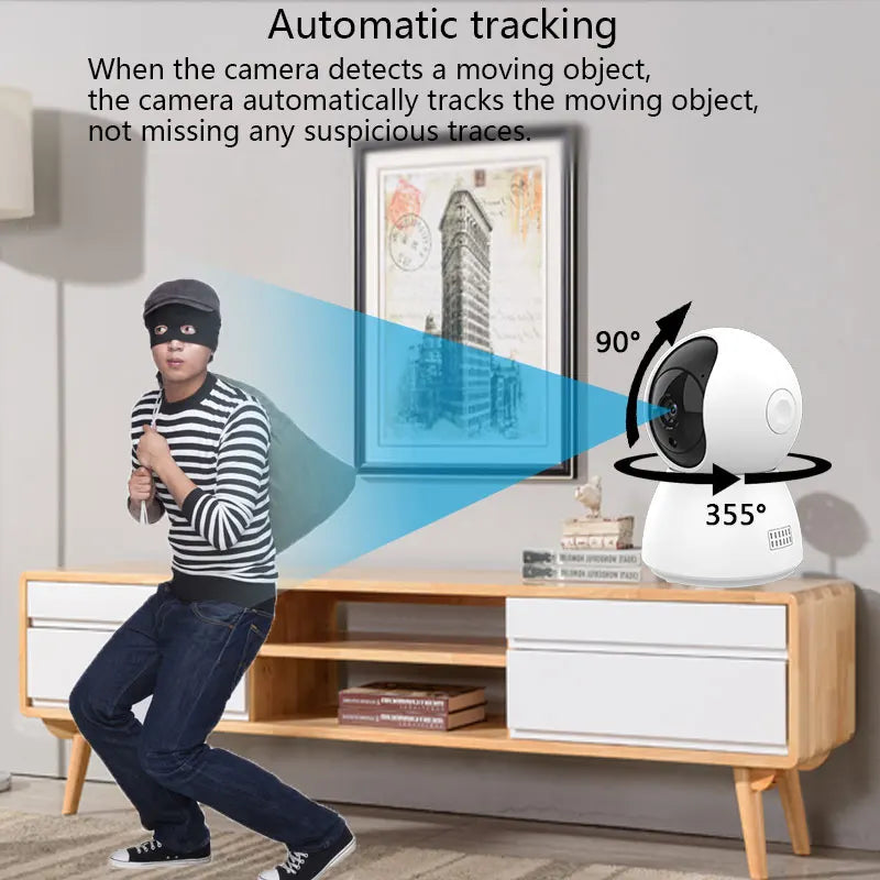 Tuya Smart WiFi Camera offers automatic tracking of moving objects with 355° horizontal and 90° vertical rotation for full indoor coverage.