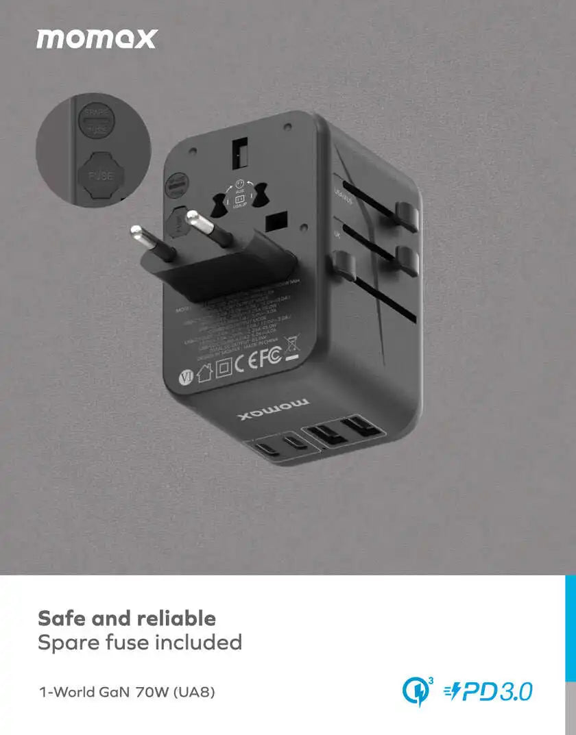 Momax 1-World UA8AU 70W fast charger power adapter with UK/EU/AU/US plugs and USB PD charging ports