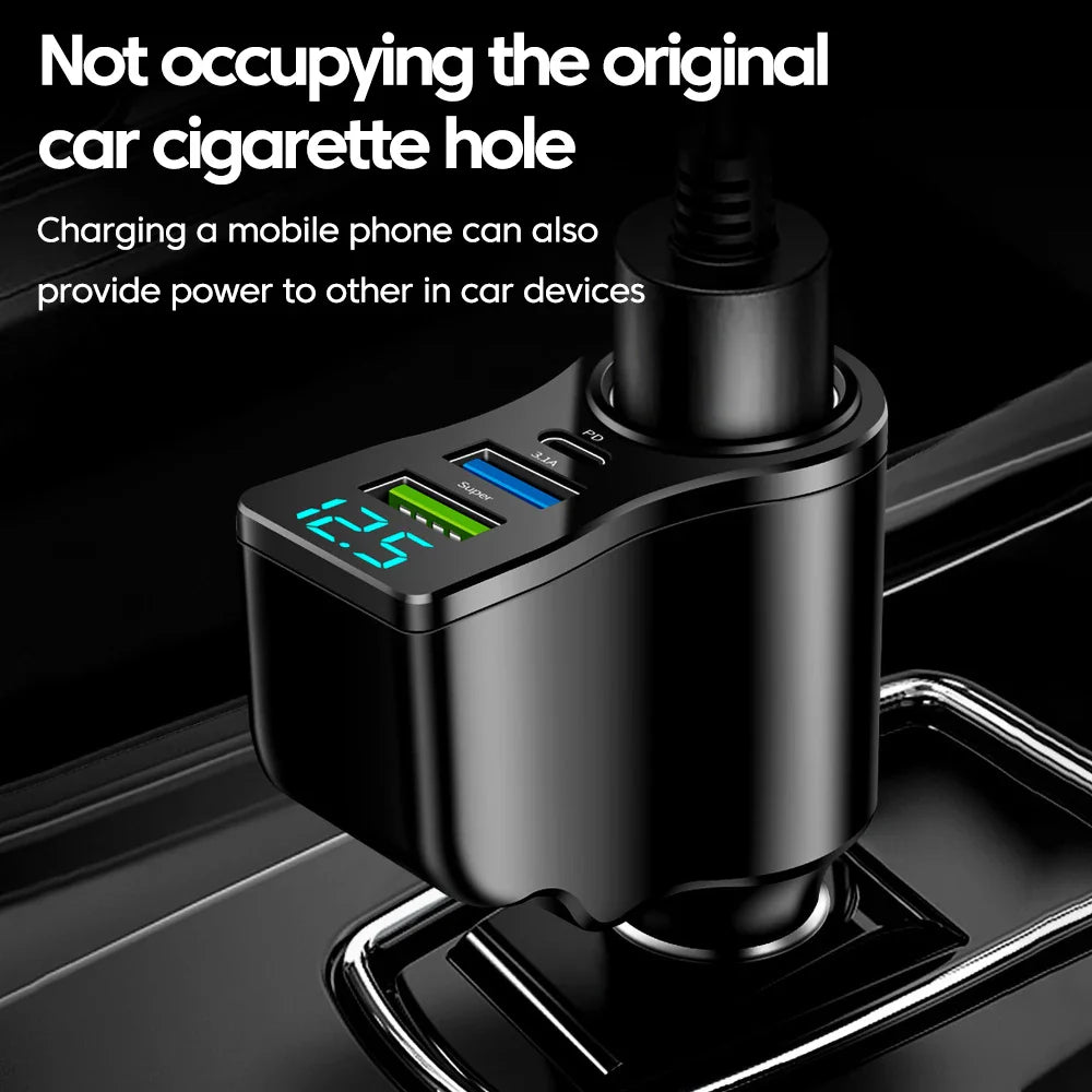 Dual USB Type-C Car Charger - 66W Fast Charging fits cigarette lighter without blocking it, powers multiple devices simultaneously.