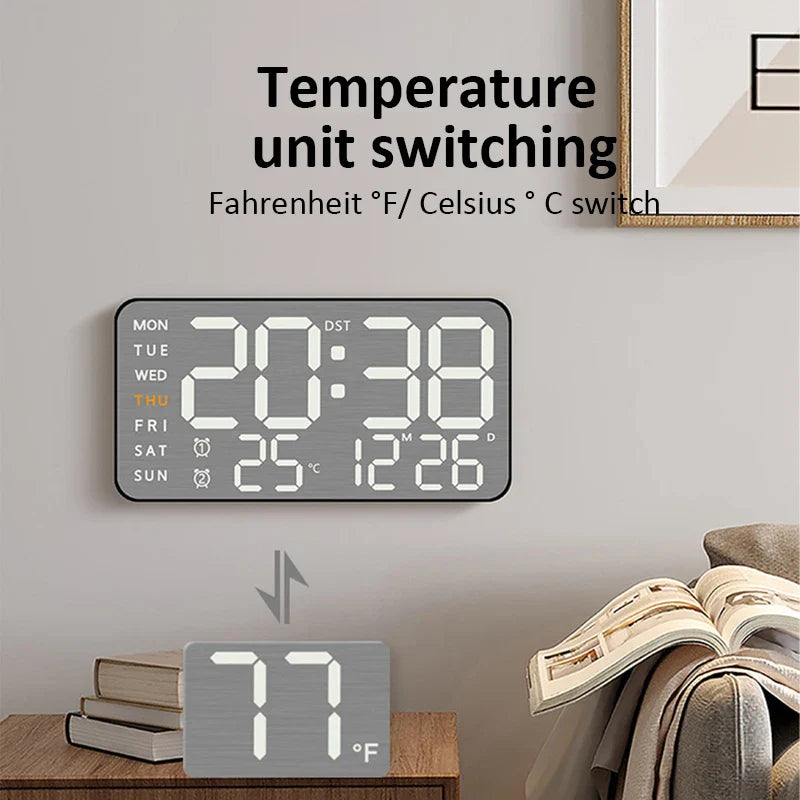 Digital wall clock with temperature unit switching between Fahrenheit and Celsius, ideal for modern office or home interiors.