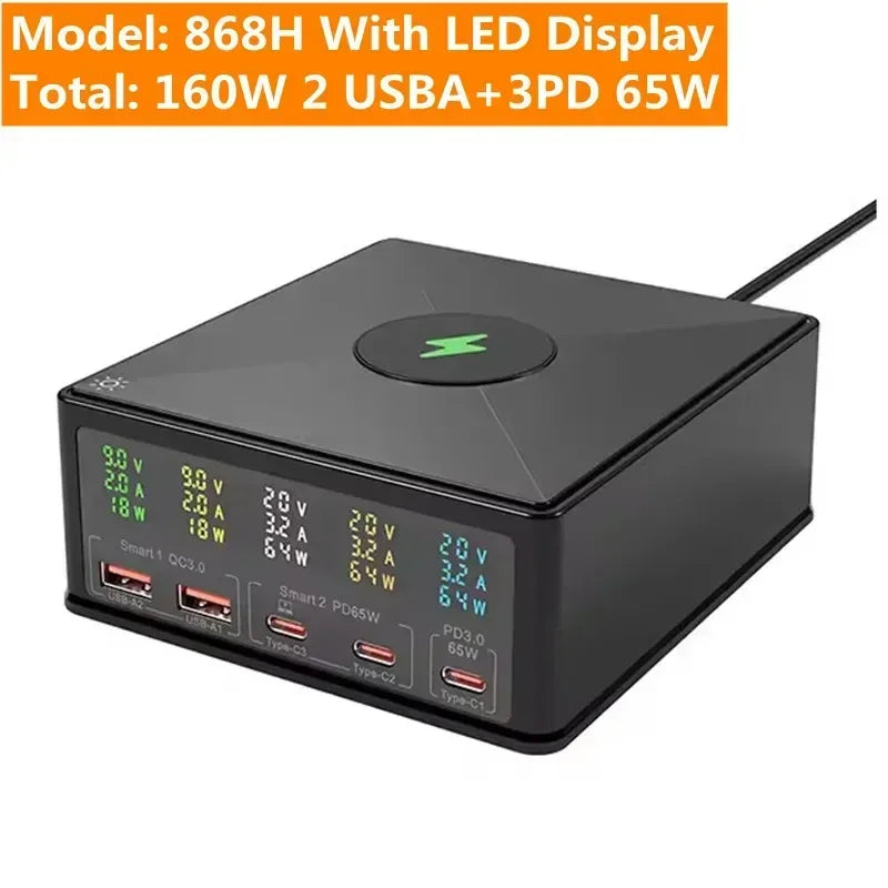 160W multi-port GaN charger station with LED display, wireless charging pad, USB-A and USB-C PD ports, and quick charge support