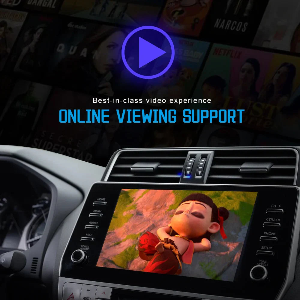 BYLITU Android Ai Box wireless CarPlay adapter showing video playback on car multimedia screen